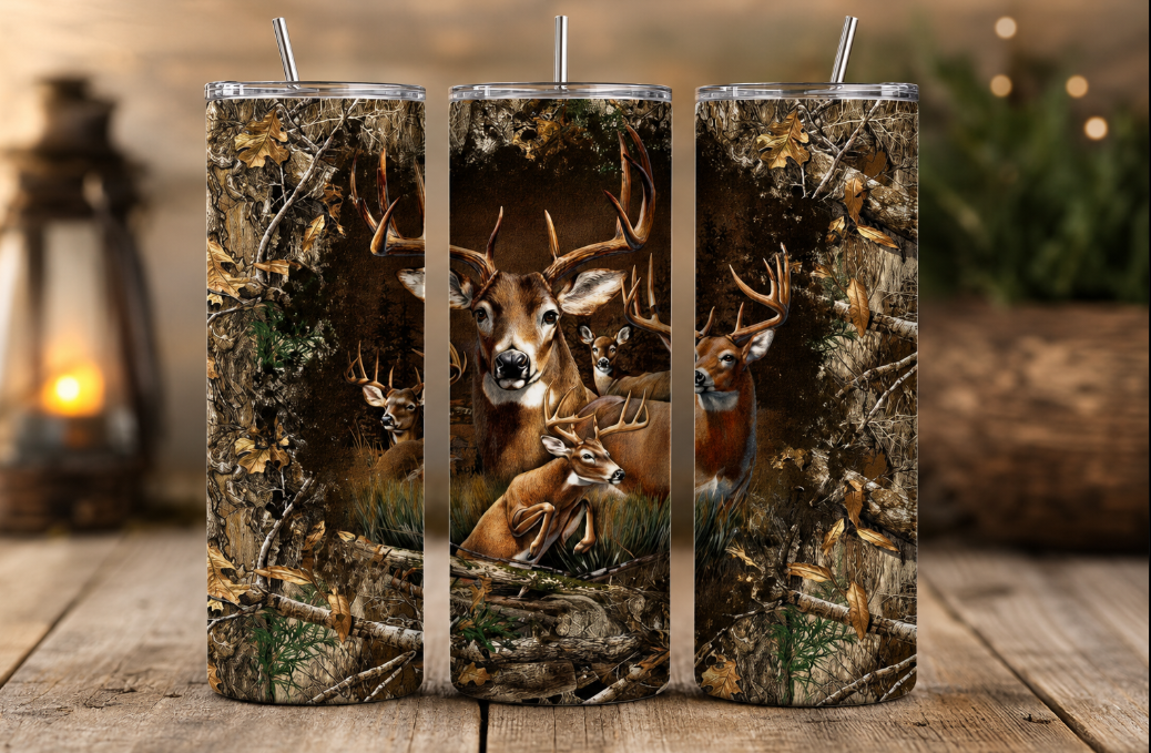 Deer Camo Skinny Tumbler – Wildlife Forest Design